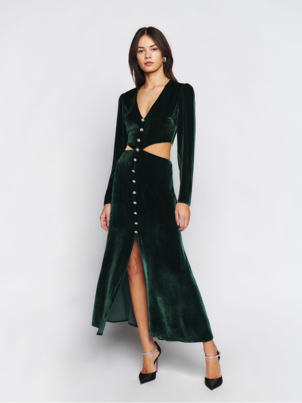 Reformation Brisa Velvet Emerald Green Cutout Button-Front Maxi Dress